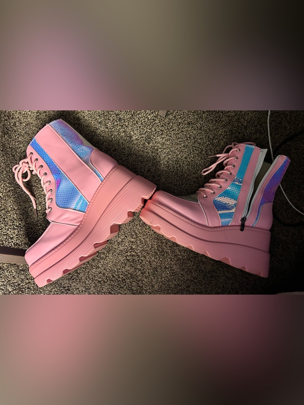 Pink Platform Lace-Up Boots with Iridescent Panels - Picture 4 of 4
